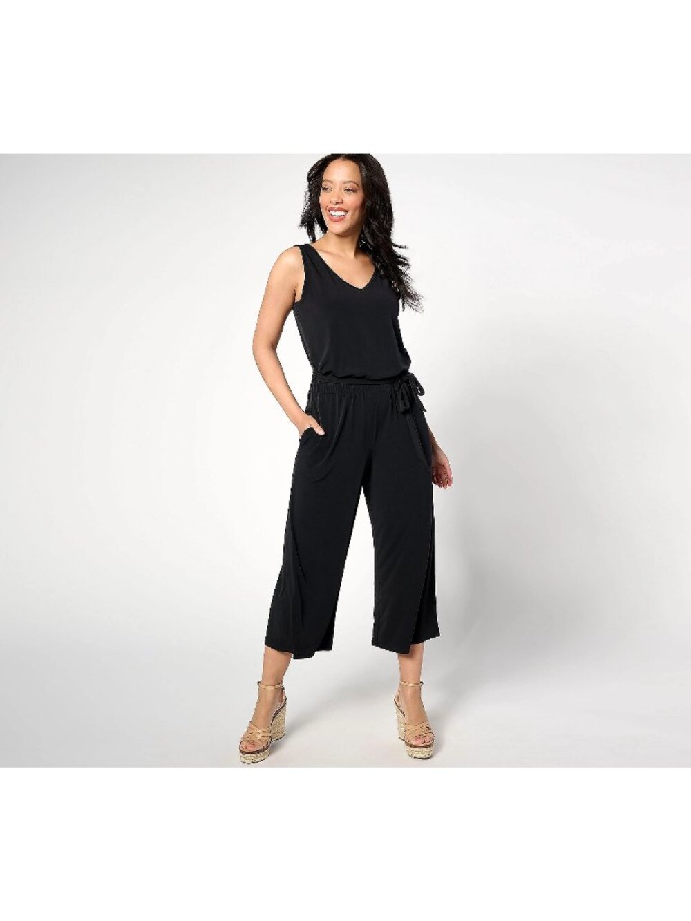 Denim and Co Jumpsuit 3X Regular V Neck Cropped Wide Leg Black Grunge NEW